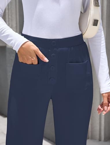 ZAFUL Womens Wide Leg Pants High Waisted Casual Pants for Women Stretchy Business Dress Work Pocket Trousers Pant Navy Blue M - Thumbnail 5