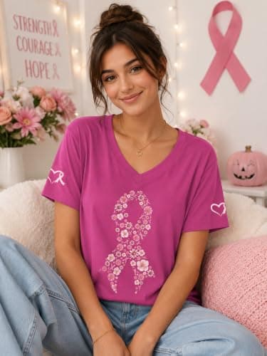 QIXYN Breast Cancer Shirts for Women Pink Ribbon Cancer Survivor Shirt - Thumbnail 3