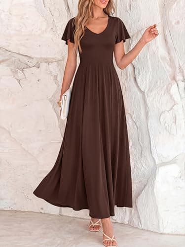 BTFBM Formal Dresses for Women Summer Outfits V Neck Ruffle Sleeve A Line Maxi Elegant Cocktail Wedding Guest Dress 2026(Brown, XX-Large) - Thumbnail 4