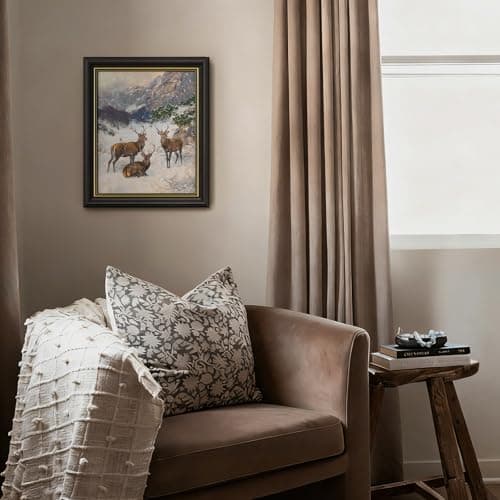 DAJONART Gold Framed Canvas Winter Deer Wall Art,Snowy Mountain Landscape with Stags Deer Prints Oil Painting, Vintage Christmas Canvas Wall Decor,Rustic Holiday Decor & Gift for Nature Lovers,8x10 - Thumbnail 6