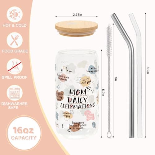Celebloom Gifts for Mom, Mama Daily Affirmations Glass Cup with Lid and Straw for Mothers Day Gifts for Boy Mom, Girl Mama, Mommy Tumbler Valentines Christmas Presents for Women 16oz - Thumbnail 4