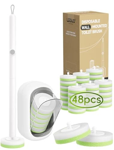 LEGUO Wall Mounted Disposable Toilet Brush System with Holder, Toilet Bowl Cleaning Wand with Green Refills and One-Button Release, 1 Wand and Holder with 48 Green Refills