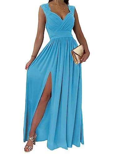 Dokotoo Womens Ladies Elegant Floor Length A Line Wrap Deep V Neck Backless Ruched Pleated Ruffled Split Long Maxi Formal Evening Party Prom Dress Bridesmaid Wedding Guest Dresses for Women Blue S - Image 1