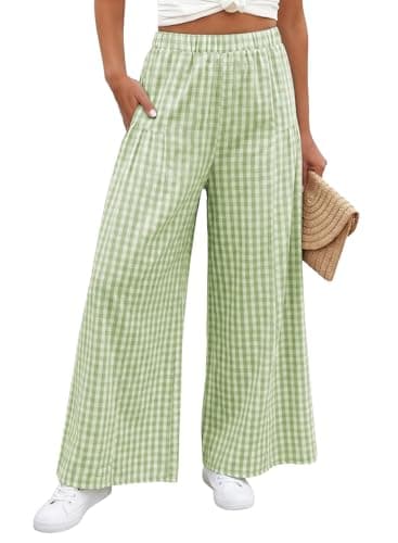 EVALESS Wide Leg Pants for Women 2026 Spring Summer Elastic High Waisted Flowy Cotton Plaid Gingham Palazzo Pants Work Casual Culottes Trousers Grass Green Small - Image 1