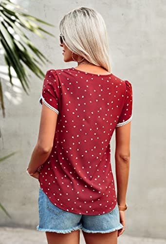 Angashion Women's Tops Casual Floral Print Lace Crochet Short Sleeve Crewneck Summer Loose Blouse Shirt Tunic Top Red White L - Thumbnail 5