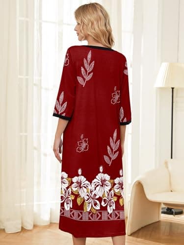 PITINAN Long Duster Housecoat Nightgown Womens Sleepwear Momo Dresses Cotton Short Sleeve Nightshirt Zip Front Bathrobe Nightwear House Dress With Pockets Comfy Lounger Wine Red S - Thumbnail 3