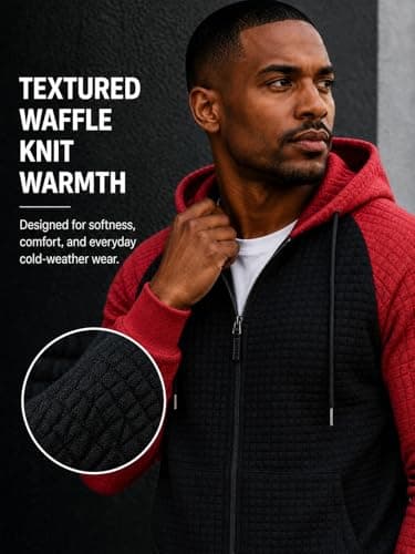 Men's Lightweight Casual Hoodie Full Zip Up Long Sleeve Waffle Knit Hood Sweatshirt Drawstring Jacket with Pocket - Thumbnail 3