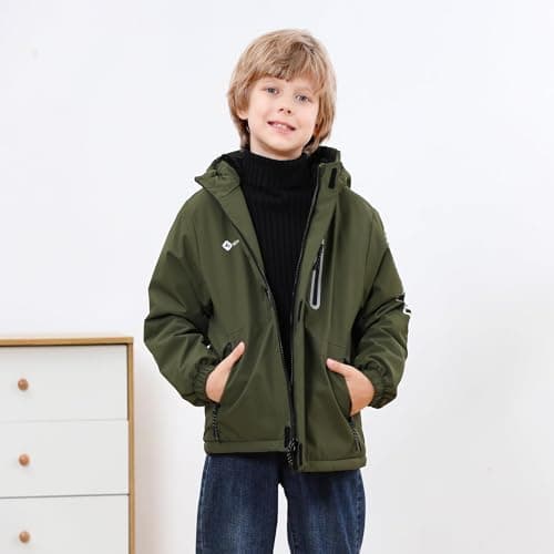 Boys' Waterproof skiing Jacket - Winter Fleece Lined Snowboarding Coat with Hood, Windproof Thermal Outer Shell for Kids Army Green 9-10 - Thumbnail 6