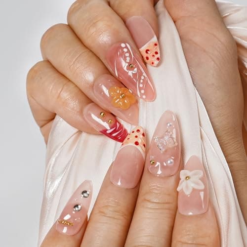 Tesytto 10 Pcs Almond Handmade Press On Nails - 3D Floral Gradient Color with Water Drop Butterfly Decor & Seashell,Hand-painted Light Pink Base for Spring Summer (Hand Painting, M) - Thumbnail 5