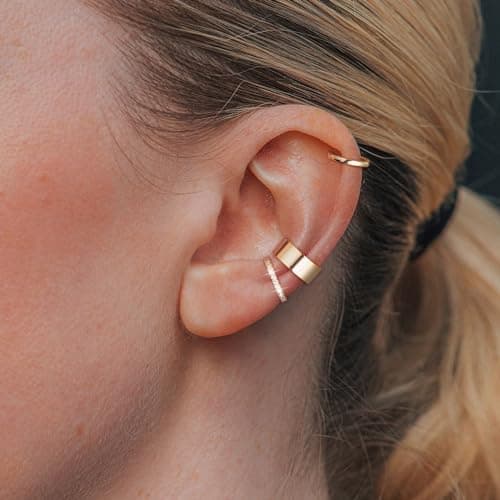 Moodear Chunky Ear Cuffs Non Piercing - Thin Dainty 14K Gold Plated Earrings - 3 Cute Cubic Zirconia Huggie Cartilage Hoop for Women Trendy Jewelry Gifts - Thumbnail 4