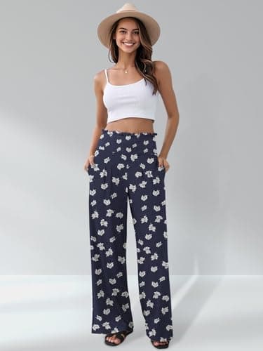GEMLON Womens Wide Leg Pants High Waisted Palazzo Pants Flowy Lounge Trousers Boho Pants with Pockets Blue Print S - Thumbnail 4