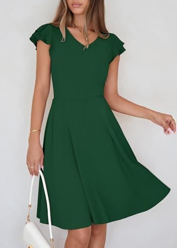 Lazysmile Summer Dresses for Women Ruffle Short Sleeve V Neck A Line Swing Ribbed Knit Casual Mini Short Dress Dark Green - Thumbnail 6
