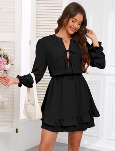 Angashion Women's Tie Front Mini Dress: V Neck Long Sleeve Elastic Waistband Layer Ruffle Hem Dress with Pockets Black Small - Thumbnail 5