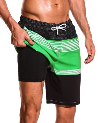 SILKWORLD Mens Swim Shorts Active Surf Swim Trunks with Drawstring Sportwear Knee Length Volley Comfort Liner, Black+Green+White, Small - Image 1