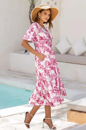 STYLEWORD Women's 2026 Summer Casual Short Sleeve Crewneck Boho Dress Flowy Maxi Maxi Beach Vacation Spring Hawaiian Dresses(Floral30,S) - Thumbnail 6