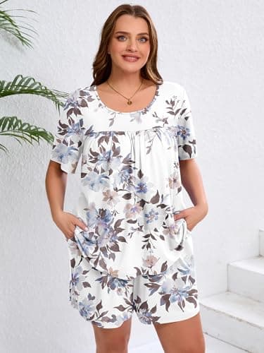 AusLook Women's Plus Size Pajama Sets Short Sleeve Top and Shorts Peony 2X Casual Comfy Soft Ladies Short Pajamas Set Loungwear Sleepwear Pjs Set 2 Piece Lounge Set with Pockets - Thumbnail 4
