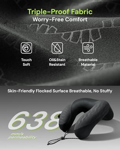 BENEUNDER Travel Neck Pillow for Airplane, Inflatable Compact 360°Head Support Pillow, Comfortable Breathable Cover for Travel, Train,Car with Storage Bag, Black - Thumbnail 4