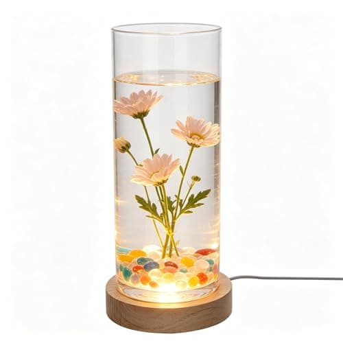 Glass Cylinder Vase with LED Wooden Base - 7.9 Inch Clear Glass Flower Bud Vase Pampas Grass, Light Up Terrarium for Plants, Fish Bowl Centerpiece, Home Decor Gift for Women Mom - Warm Light - Image 1
