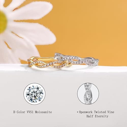 SILVERNANA 0.4ct Twisted Vine Moissanite Wedding Bands for Women, Yellow Gold Plated Sterling Silver Wave Twisted Openwork Eternity Ring Size 9.5 - Thumbnail 2