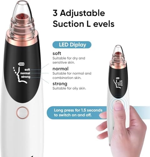 Blackhead Remover Pore Vacuum for Face and Nose, Facial Pore Cleanser with 3 Suction Levels, 5 Replaceable Tips, USB Rechargeable Tool for Blackheads and Whiteheads（White） - Thumbnail 6