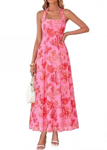 KIRUNDO Women's Summer Sleeveless Halter Floral Maxi Dress 2026 Beach Wedding Guest Cocktail Mesh Flowy A Line Long Sundress(Pink, Small) - Image 1