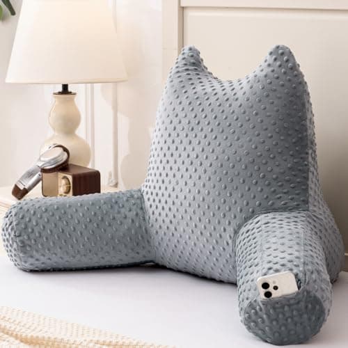 Baskbed Reading Pillow for Kids Sitting in Bed Couch Adult, Back Pillow for Bed Sitting Up, Back-Rest Support Cushion with Pockets and Arms, Watching TV, Relaxing, Reading, Grey - Image 1