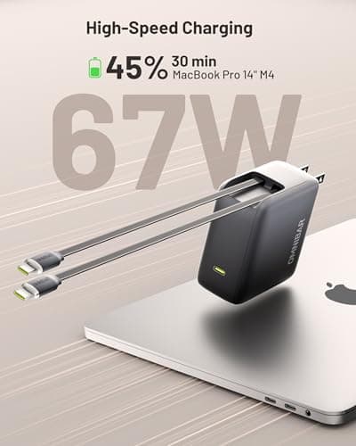 Omnibar Retractable USB C Charger, 67W 3-Port Fast Charging Block with 2 Built-in Cables & Foldable Plug, PD PPS Wall Charger for iPhone 17/16/15, Samsung Galaxy S26/S25, iPad, MacBook Air, AirPods 4 - Thumbnail 4