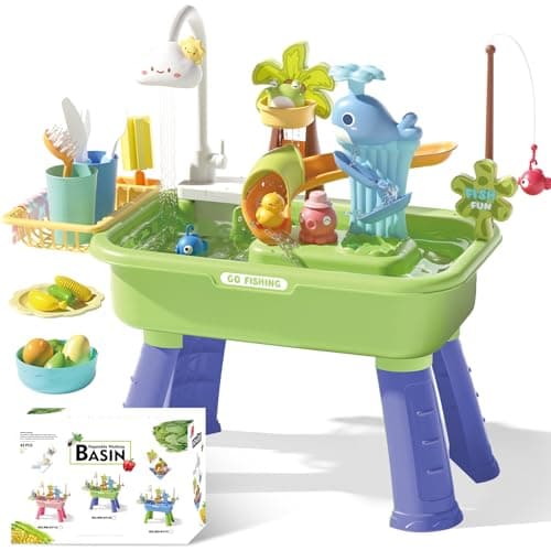 Sand and Water Table for Toddlers 1-3 - 22 Pcs Outdoor Water Play with Automatic Pump, Fishing & Kitchen Sink, 4L Large Capacity Sensory Bin, Summer Outdoor Toys for Kids Ages 1-3, Spring Green - Image 1