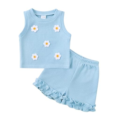 Kislio Toddler Baby Girl Outfits Floral Summer Clothes Waffle Sleeveless Tops Ruffle Shorts Cute Infant Spring Clothes Set - Image 1