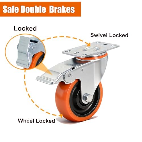 TESUMI Caster Wheels 4" Inch Heavy Duty Casters Set of 4 with Brake 2200lbs Capacity Swivel Plate Industrial PU Wheel Locking Casters Quiet No Scratch for Cart, Furniture, Cabinet, Workbench - Thumbnail 5