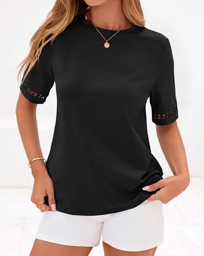 BTFBM Summer Tops for Women Lace Short Sleeve Shirt 2026 Spring Casual Loose Crew Neck Cotton Knit Cute Business Blouses(Black, Small) - Thumbnail 5