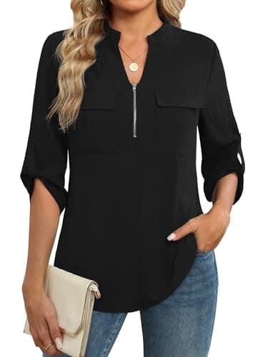 Funlingo Blouses for Women Dressy Casual 3/4 Length Sleeve Womens Tops V Neck Business Work Tunic Shirts Sping Professional Clothes Black XL - Image 1