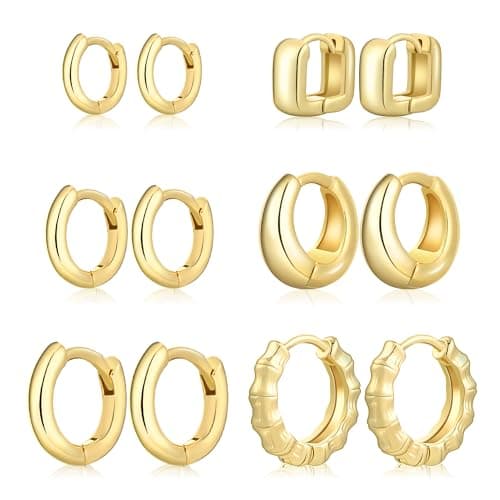 Wgoud Small Gold Hoop Earrings Set for Women, 6 Pairs 14K Gold Plated Hypoallergenic Lightweight Huggie Hoops Earrings, Trendy Cartilage Cubic Zirconia Earrings for Women Gifts. (02Gold) - Image 1