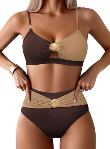 Pink Queen Women's 2 Piece Vintage Swimsuits V Neck Seashell Cutout Bikini Set Cruise Pool Party Push Up Padded Adjustable Straps Bathing Suit Swimwear Chocolate Brown M - Image 1