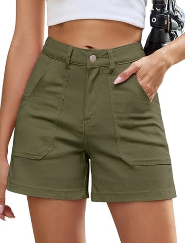Eddoyee Women Stretchy Shorts High Waisted Cotton Shorts Summer Casual Chino Shorts with Pockets Trendy(Green, Medium) - Image 1