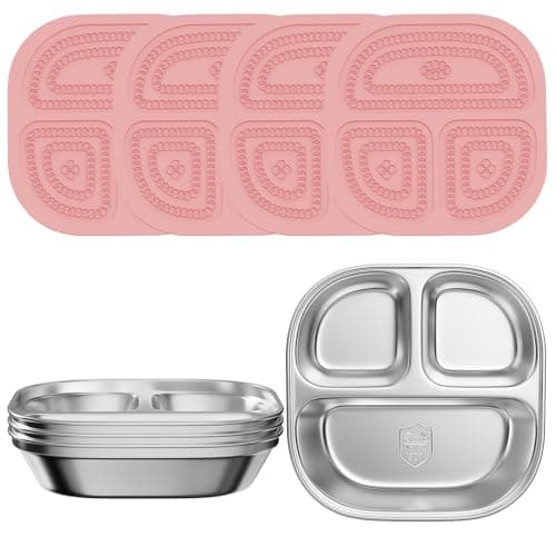 ENCYS Set of 4 Snack Containers,Stainless Steel Kids Plates,Stainless Steel Toddler Plate with Silicone Lids- Reusable Meal Prep Lunch Containers for Kids Non Toxic & 100% BPA Free （Pink）