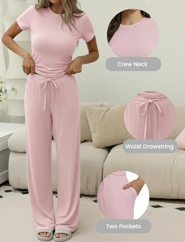 Flevita Womens 2 Pcs Sets Summer Travel Outfits T-shirts and 31" Wide Leg Pants Comfortable Airport Lounge Wear Set with Pockets Pink M - Thumbnail 2
