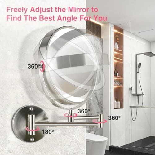 GREENFROM 8.5 Inch Magnifying Mirror with Lights, Wall Mounted Makeup Mirror, Dual-Sided 1X/20X, Bright LED Lighting, Space-Saving Design for Bathroom & Vanity, Brushed Nickel - Thumbnail 5