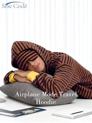 SeSe Code Hoodie With Eye Mask Striped Airplane Travel Womens Mens Oversized Sweatshirt Sleep Pullover Color Block Brown Khaki L - Thumbnail 6
