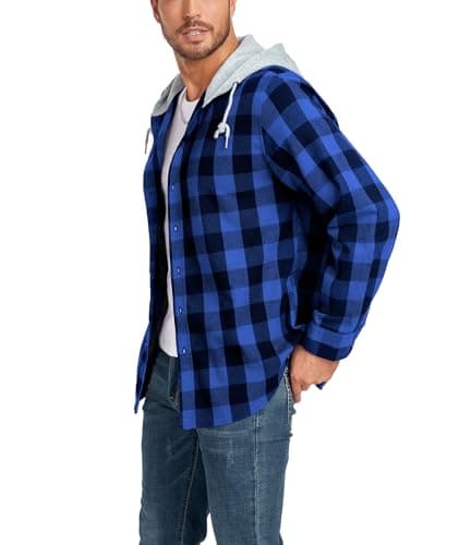 Mens Plaid Button-up Hoodies Loose Fit Long Sleeve Cotton Casual Tops Lightweight Hooded Flannel Shirt with Pockets Blue Black - Image 1