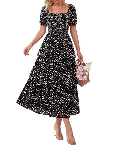 BTFBM Womens Square Neck Smocked Dress Summer Puff Short Sleeve Floral Casual Ruffle Tiered Maxi Wedding Guest Dresses(Dot Black Multicolor, Medium) - Image 1