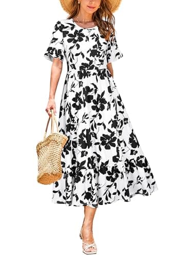 STYLEWORD Women's 2026 Summer Casual Short Sleeve Crewneck Boho Dress Flowy Maxi Maxi Beach Vacation Spring Hawaiian Dresses(Floral31,XL) - Image 1