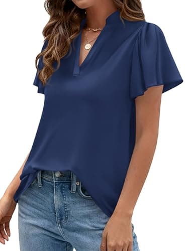 PRETTYGARDEN Women's 2026 Summer Satin Blouses Dressy Casual Ruffle Cap Sleeve V Neck Business Work Cute Tops Spring Outfits (Navy Blue,Small) - Thumbnail 3
