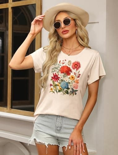 MAPICK Women's Floral Tees Loos Fit Boho Wildflower Graphic T-Shirts Vintage Short Sleeve Clothing(Apricot2,X-Large) - Thumbnail 5