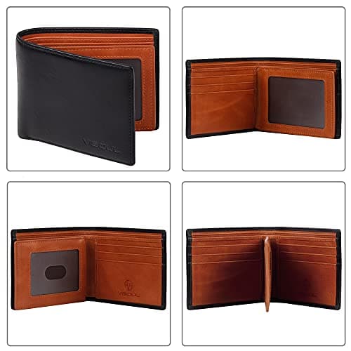 VISOUL Mens Bifold Wallet with 2 ID Windows and 2 Money Compartments, Genuine Leather Designer Wallet with RFID Blocking, Stylish Two-tone Back Wallet for Men (Black and Orange) - Thumbnail 2