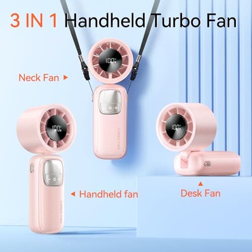 KIMMOO 3-in-1 Portable Handheld Turbo Fan-100 Speeds, 15000 RPM, 10Hrs Cooling, LED Display, 90° Rotation, Small Travel Fan, Mini Foldable Hand Held Personal Fan for Women Men (Pink) - Thumbnail 4