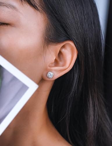 IMOLOVE Moissanite Stud Earrings Lab Created Moissanite Earrings in Sterling Silver Trendy Square Halo Earrings for Women Men D Color Round Cut - Thumbnail 4