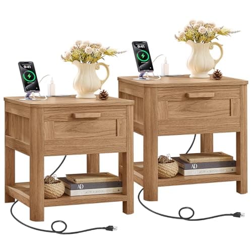 Joaxswe Farmhouse Side Table Set of 2 Living Room, Brown