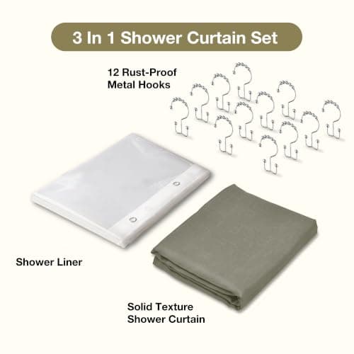 Lameirose 3 in 1 Shower Curtain Set, Khaki Shower Curtain and Liner Set with 12 Double Sided Shower Curtain Hooks, Cloth Shower Curtains for Bathroom,Waterproof, 72" W*72" H - Thumbnail 2