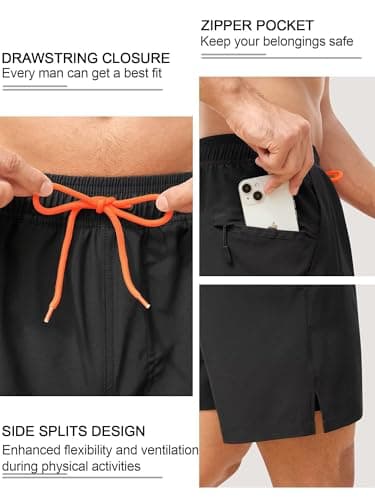 SILKWORLD Men's Swim Trunks Quick Dry Bathing Suits 6 Inch Swimming Shorts with Compression Liner and Zipper Pockets, Black, X-Large - Thumbnail 2